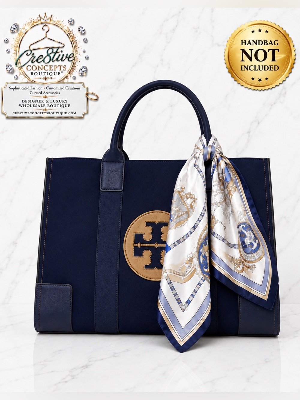 Luxurious, Satin Handbag/Shawl or Scarf Silky Square Versatile-Navy/Gold